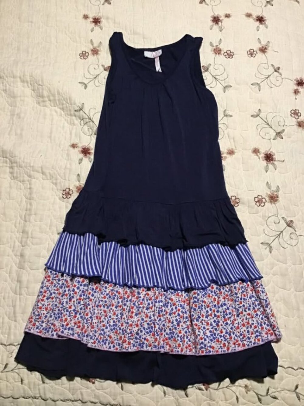 Girl's Matilda Jane Size 10 Jersey Knit Navy w/Print Ruffle Tank Dress--Great
